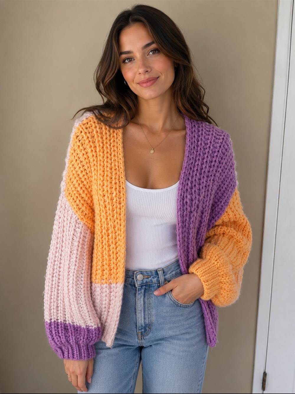 Pastel jumbo Knit cardigan vegan yarn color block super chunky